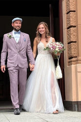 V-Neck Sleeveless Wedding Dress Tulle Slit With Lace Appliques-27dress